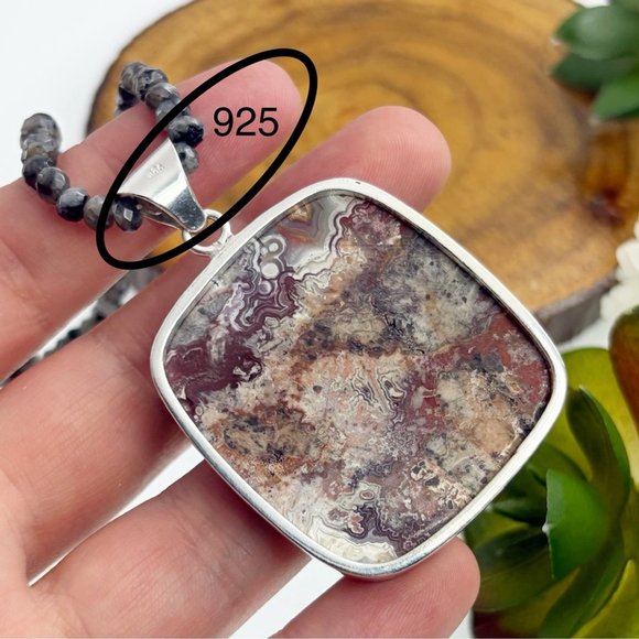 Sterling Silver 925 Chunky Crazy Lace Agate Pendant Tourmaline Moonstone - Picture 5 of 7